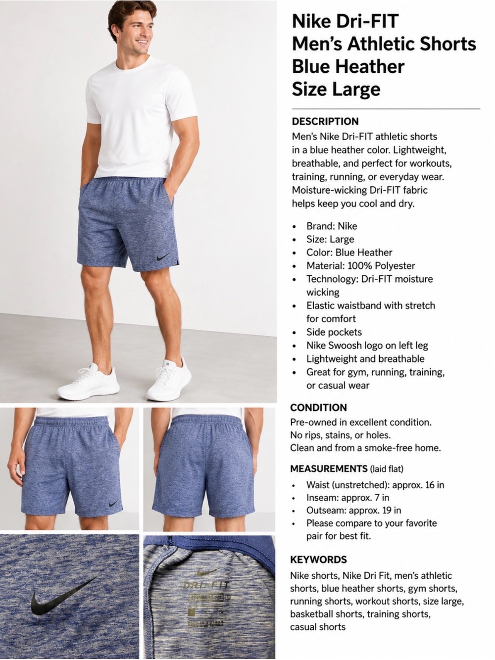 Nike Dri-FIT Men’s Shorts Small Blue Heather Standard Fit Athletic Gym Running